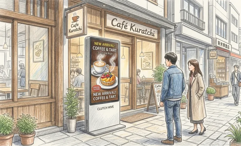 おしゃれなカフェやショップが立ち並ぶ街並みの店頭に、高精細で鮮やかな映像（湯気が立つコーヒーやシズル感のある料理）を映し出すクラッチハイブの縦型デジタルサイネージが設置され、通行人が思わず足を止めて見入っている様子を描いた、色鉛筆デッサン風のシンプルなイラスト