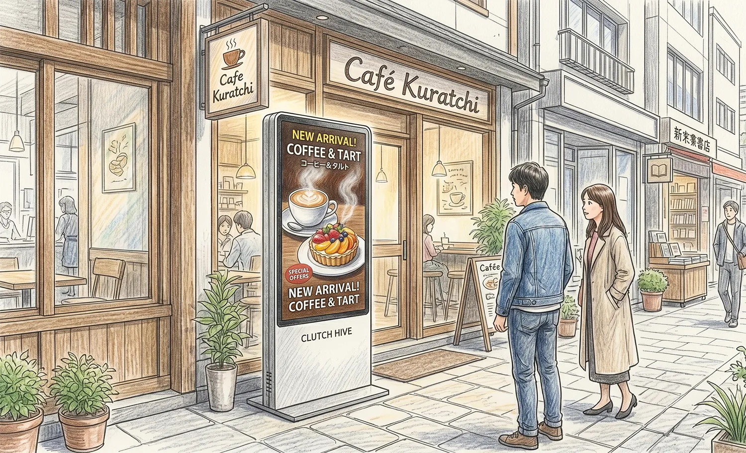 おしゃれなカフェやショップが立ち並ぶ街並みの店頭に、高精細で鮮やかな映像（湯気が立つコーヒーやシズル感のある料理）を映し出すクラッチハイブの縦型デジタルサイネージが設置され、通行人が思わず足を止めて見入っている様子を描いた、色鉛筆デッサン風のシンプルなイラスト