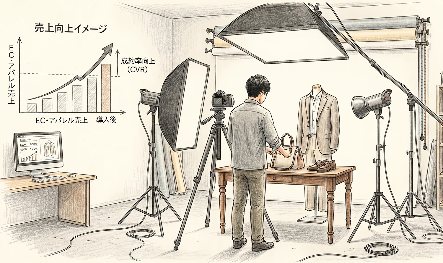 アパレルやEC商品の撮影スタジオで、サンスターストロボ社のプロ用機材に囲まれて物撮りのセッティングを行う日本人スタッフの後ろ姿と、売上向上をイメージしたグラフが描かれた、色鉛筆デッサン風のシンプルなイラスト