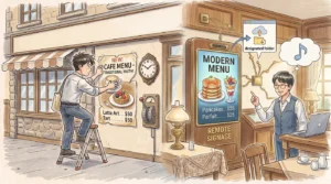 紙のポスターには戻れない。Googleドライブで遠隔更新できるサイネージが、店舗スタッフの労働時間をどれだけ削減するか試算してみた。