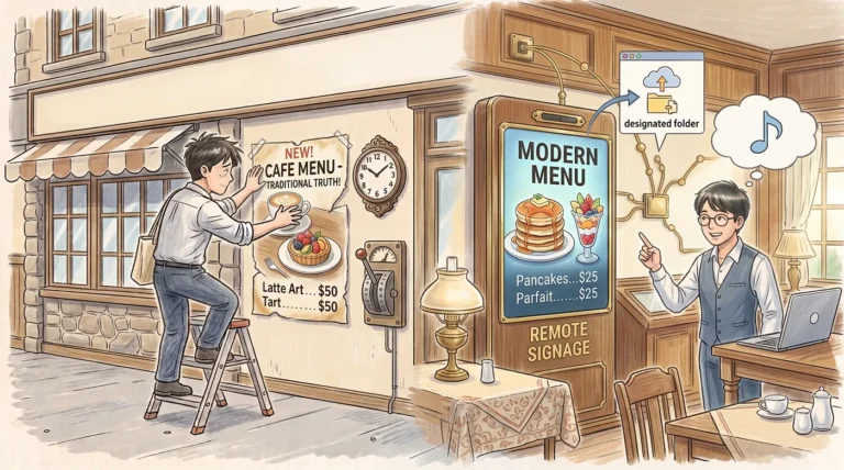 紙のポスターには戻れない。Googleドライブで遠隔更新できるサイネージが、店舗スタッフの労働時間をどれだけ削減するか試算してみた。