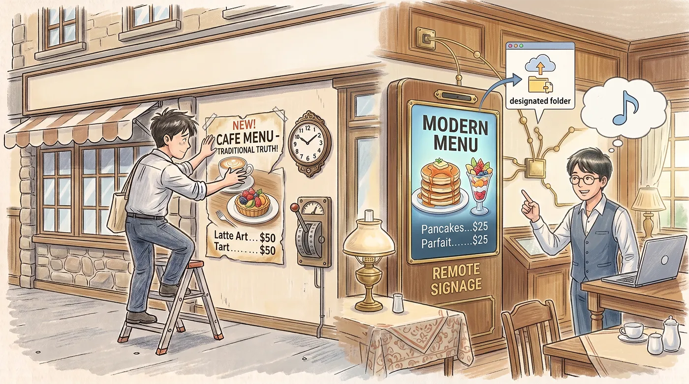 紙のポスターには戻れない。Googleドライブで遠隔更新できるサイネージが、店舗スタッフの労働時間をどれだけ削減するか試算してみた。
